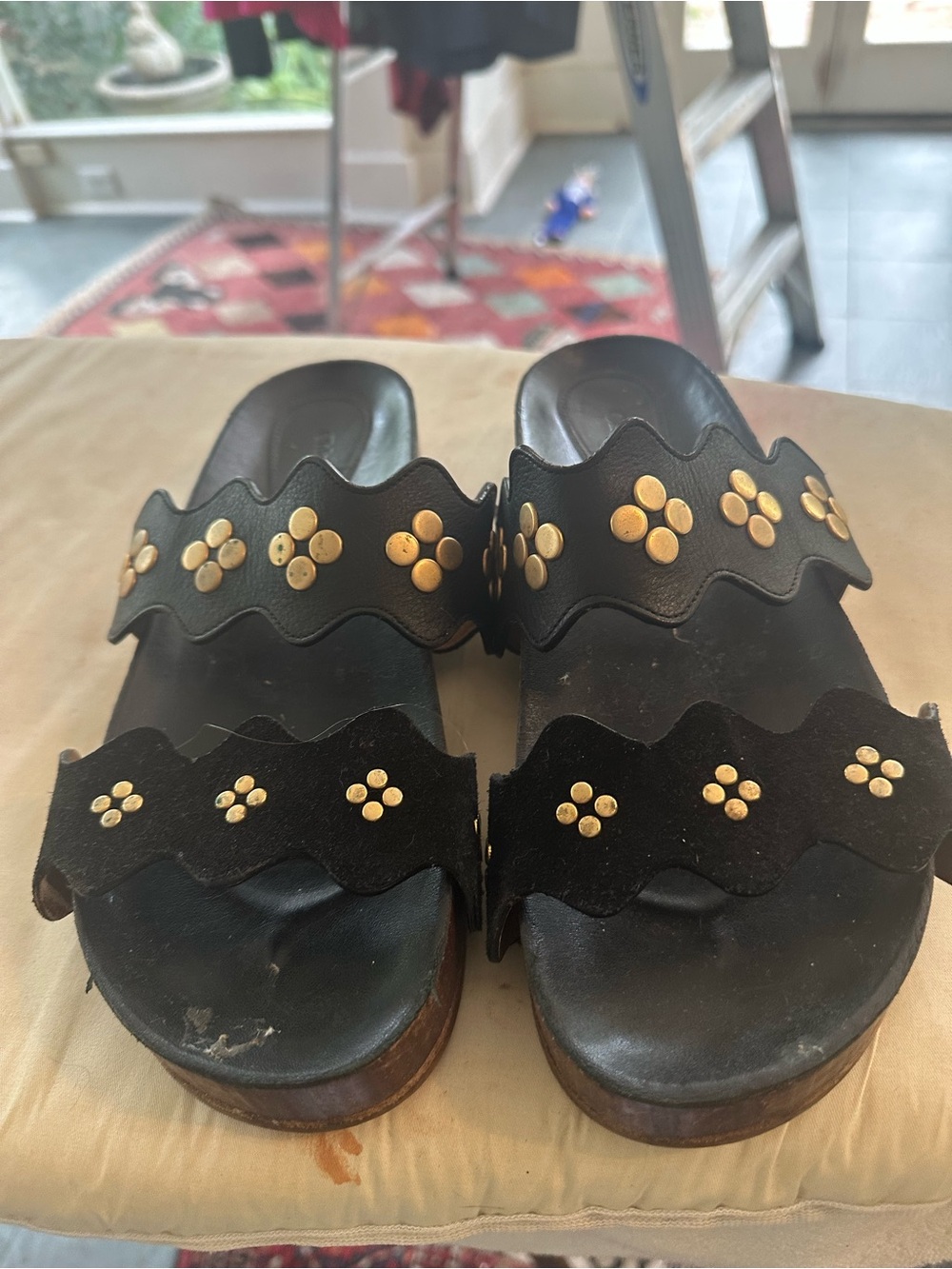 Chloe Black Leather & Suede Studded Wave Strap Sandals with Gold Studs